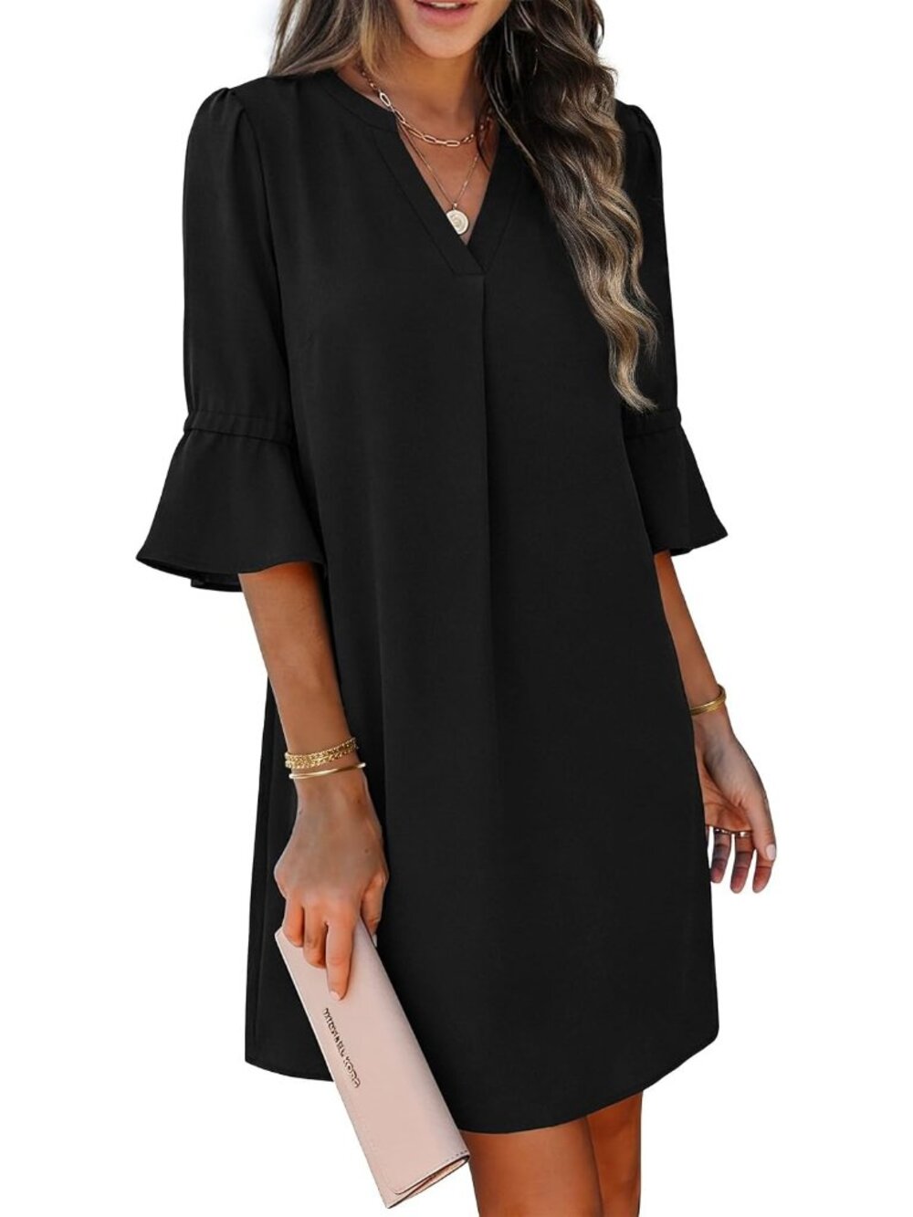 〽️Women's Black Shift Dress V Neck Ruffle Sleeve Summer Dress with Pockets
